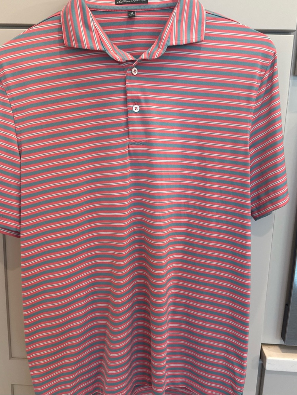 Southern Point Co Pink & Green Striped  Short Sleeve Polo Shirt Dog Logo Size M